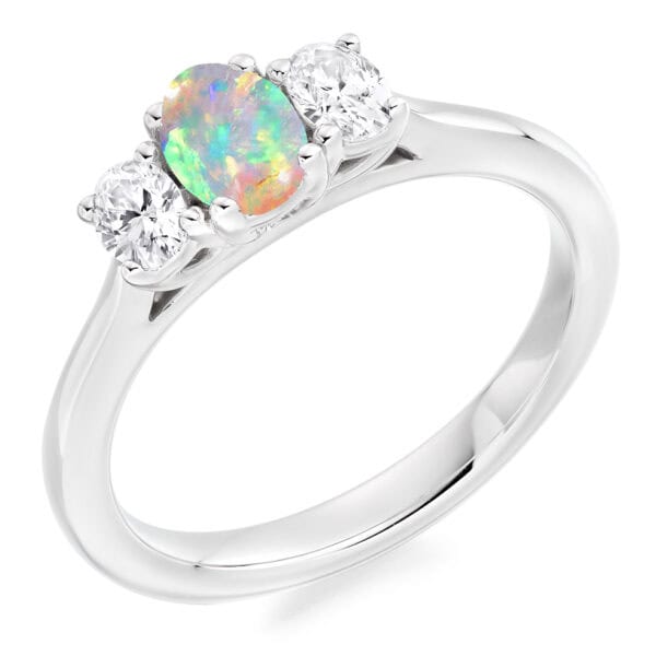 Opal and Diamond Oval Cut Trilogy Engagement Ring