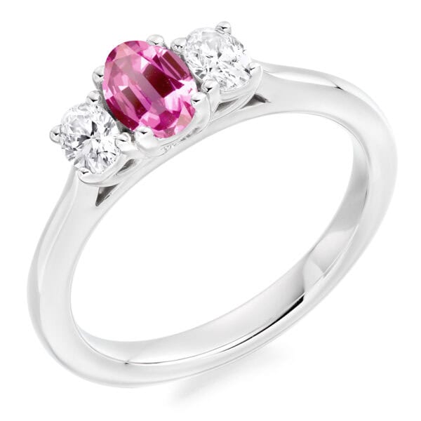 Pink Sapphire and Diamond Oval Cut Trilogy Engagement Ring