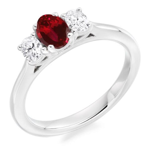 Ruby and Diamond Oval Cut Trilogy Engagement Ring