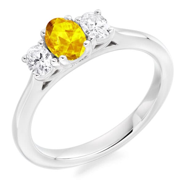 Yellow Sapphire and Diamond Oval Cut Trilogy Engagement Ring