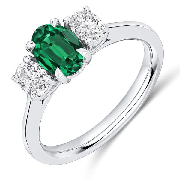 Emerald and Diamond Oval Cut Trilogy Engagement Ring