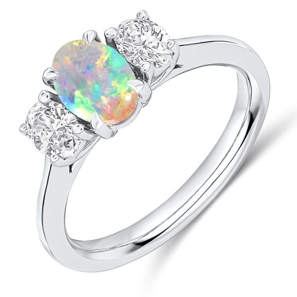 Opal and Diamond Oval Cut Trilogy Engagement Ring