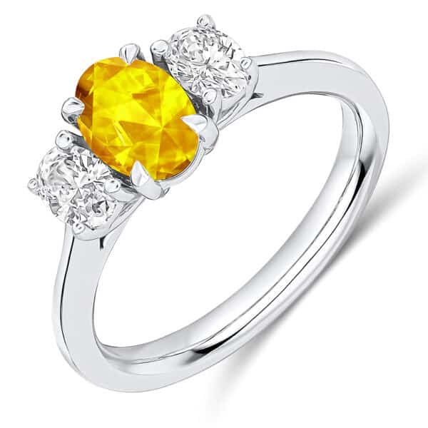 Yellow Sapphire and Diamond Oval Cut Trilogy Engagement Ring