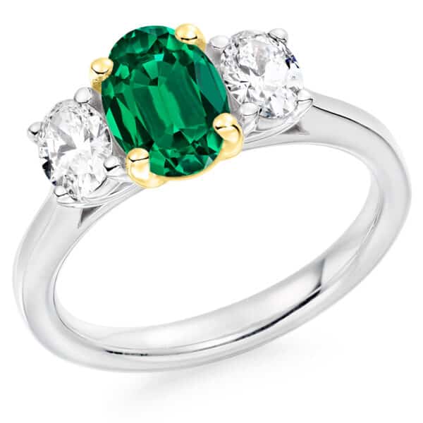 Emerald and Diamond Oval Cut Trilogy Engagement Ring
