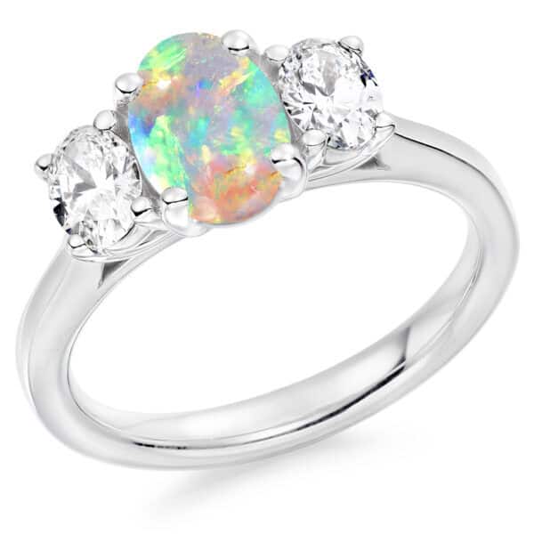 Opal and Diamond Oval Cut Trilogy Engagement Ring