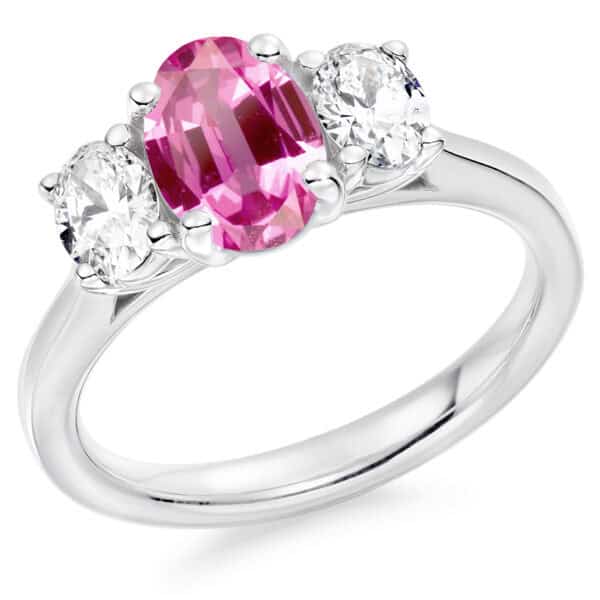 Pink Sapphire and Diamond Oval Cut Trilogy Engagement Ring