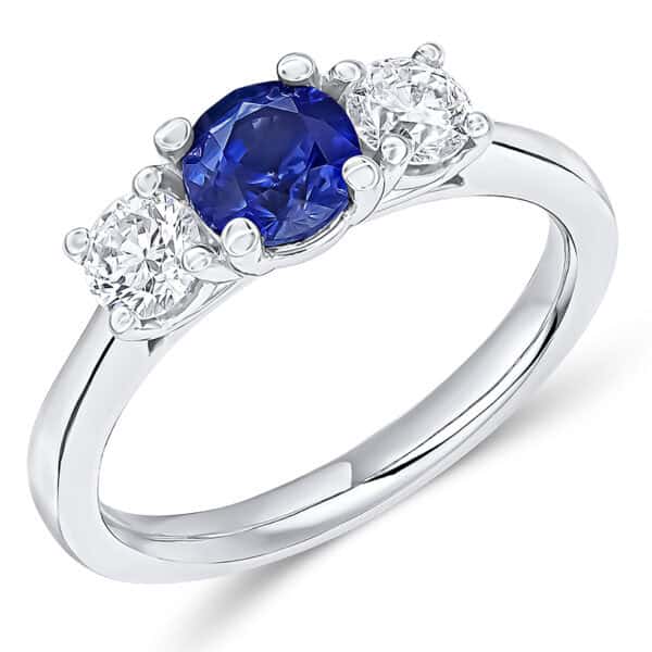 Blue Sapphire and Diamond Round Brilliant Trilogy Engagement Ring