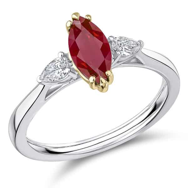Ruby and Diamond Marquise Cut Trilogy Engagement Ring