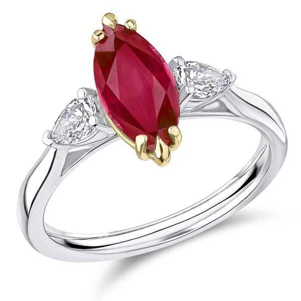 Ruby and Diamond Marquise Cut Trilogy Engagement Ring