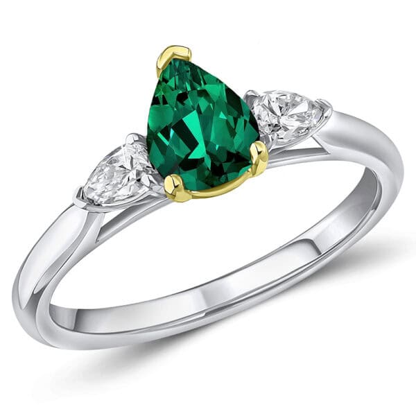 Emerald and Diamond Pear Cut Trilogy Engagement Ring