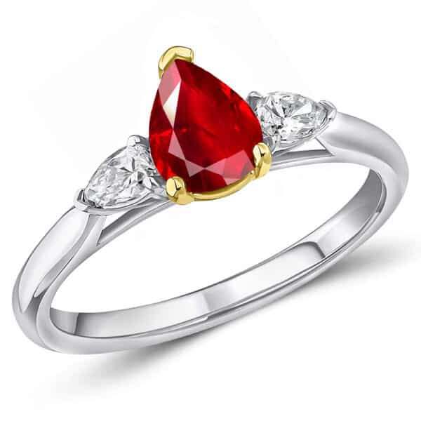 Ruby and Diamond Pear Cut Trilogy Engagement Ring