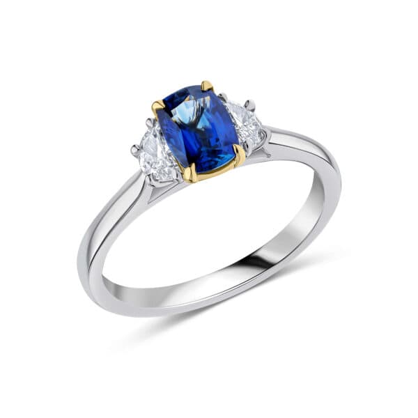 Blue Sapphire and Diamond  Cushion Cut Trilogy Engagement Ring