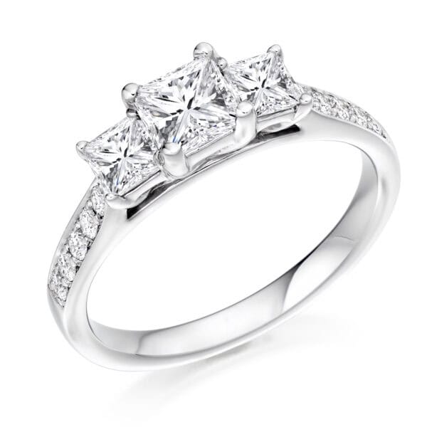 Princess Cut Trilogy Diamond Engagement Ring with Diamond Set Shoulders