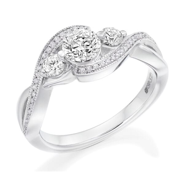 Round Brilliant Trilogy Diamond Engagement Ring with Diamond Set Shoulders