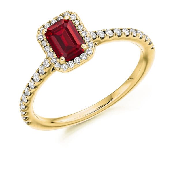 Ruby Emerald Cut Cluster 0.66ct Engagement Ring with Diamond Set Shoulders - Image 2