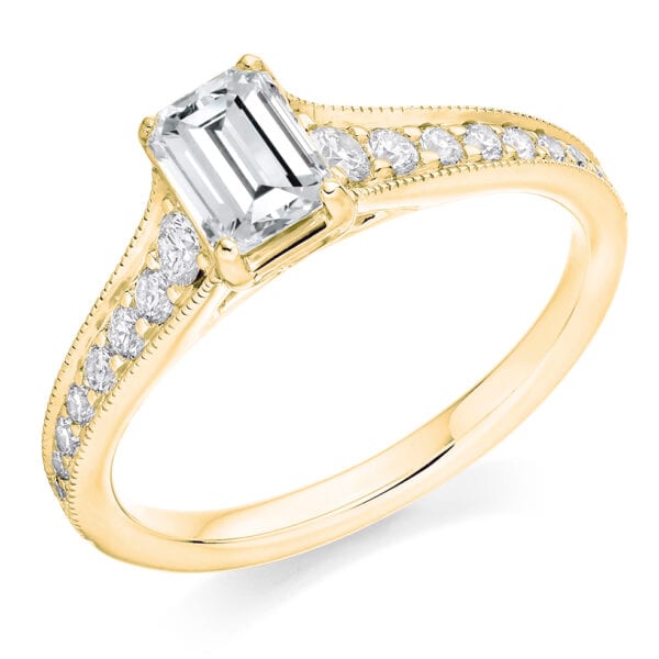 Emerald Cut Solitaire 0.75ct Diamond Engagement Ring with Diamond Set Shoulders - Image 2