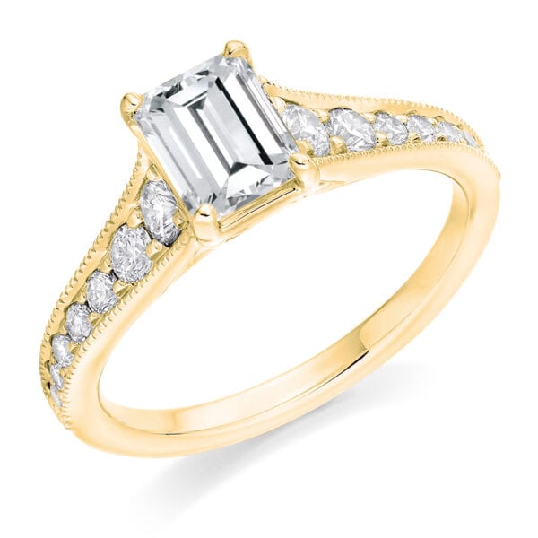 Emerald Cut Solitaire 1ct Diamond Engagement Ring with Diamond Set Shoulders - Image 2