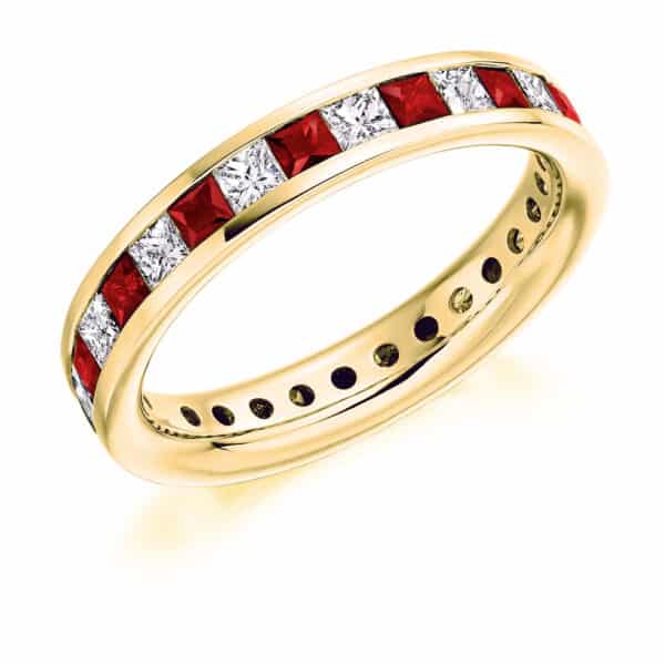 Ruby and Diamond Princess Cut Channel Set Full Eternity Ring with 100% Diamond Coverage - Image 2