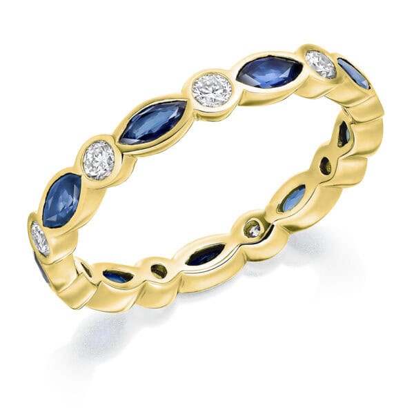 Blue Sapphire and Diamond Marquise Cut Rubover Set Full Eternity Ring with 100% Diamond Coverage - Image 2
